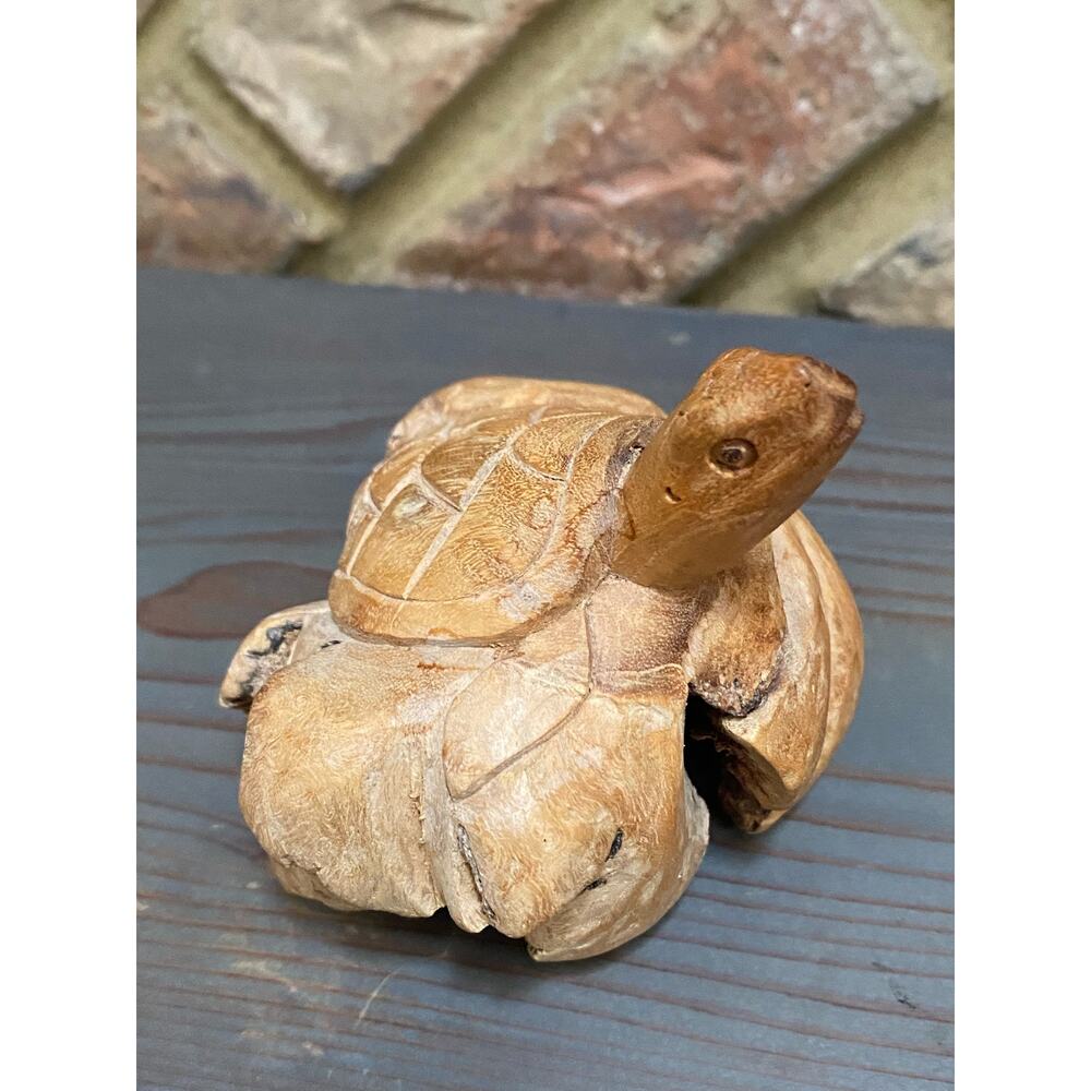 Vintage Hand Carved Parasite Wood Art Turtle  Sculpture Figurine ,‎ signed